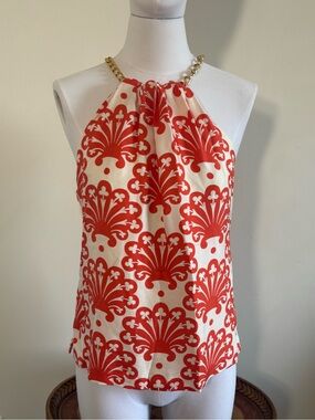 Milly of New York 100% Silk Cream Halter Cami with Graphic Print and Gold Chain